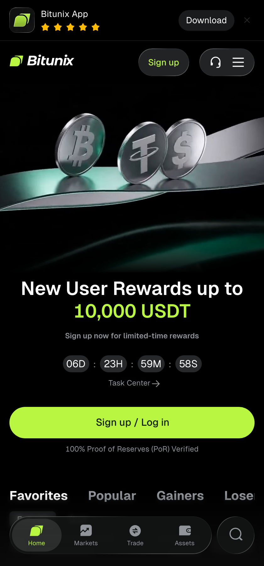 صفحه اصلی اپلیکیشن صرافی Bitunix