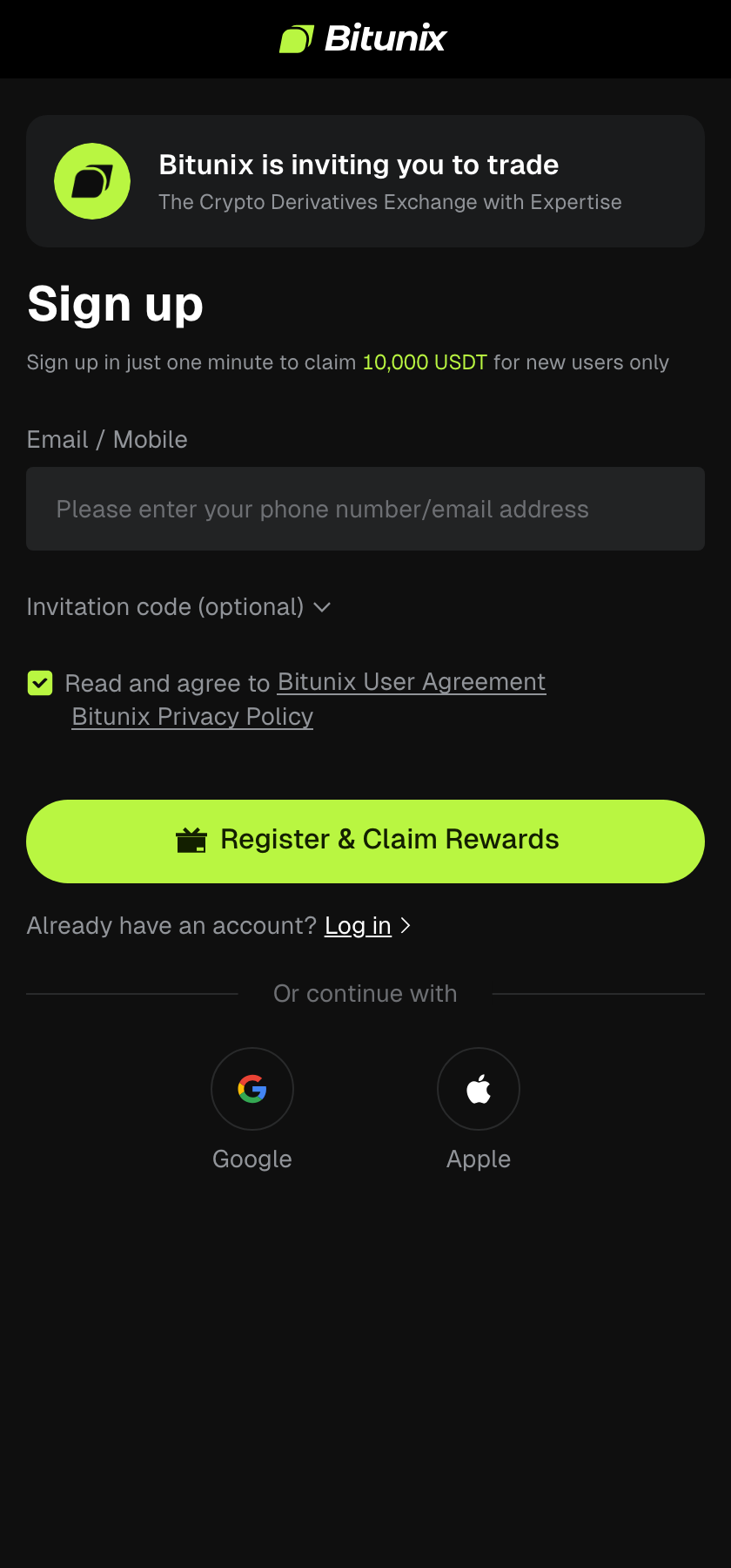 فرم ثبت‌نام صرافی Bitunix با فیلد کد دعوت